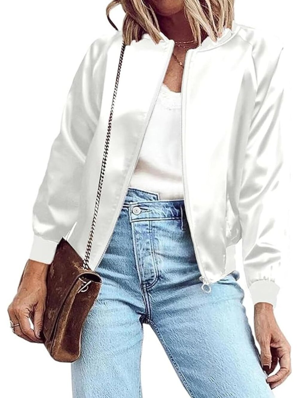 Women's Pure White Bomber Jacket Lightweight Zip Up Windbreaker with Pockets